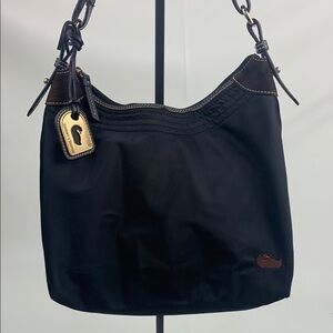 Dooney & Bourke Black leather Nylon Shoulder Bag Gold charm Pink lined Serial #